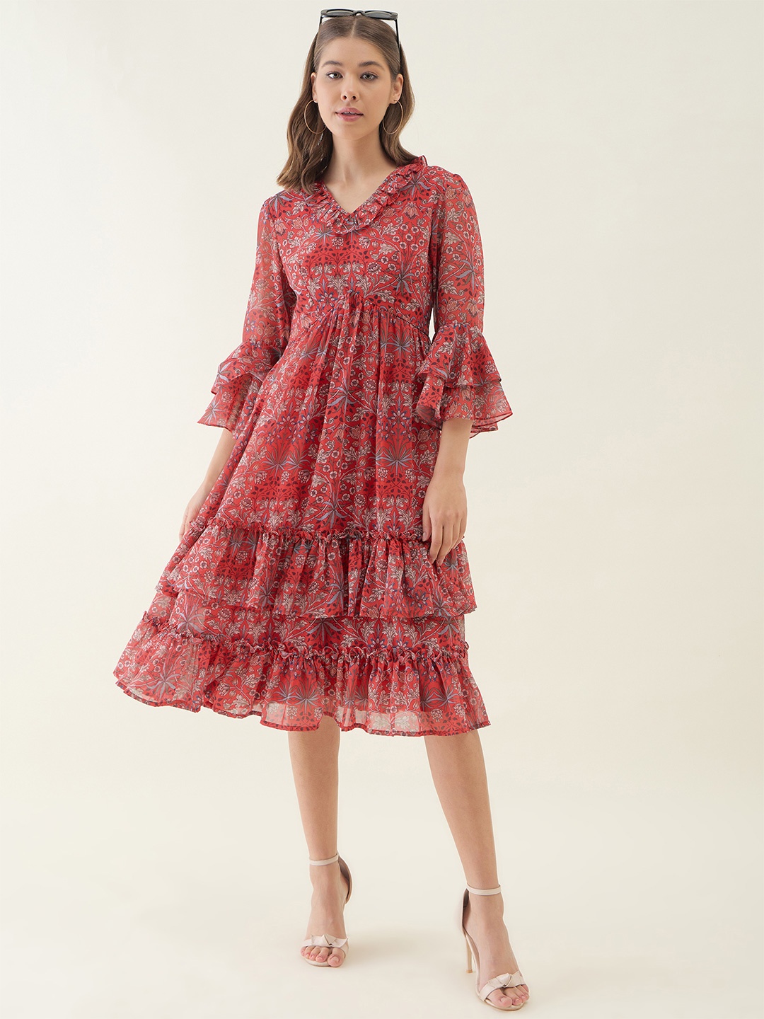 

OCTICS Women Floral Printed Bell Sleeve Fit & Flare Dress, Red