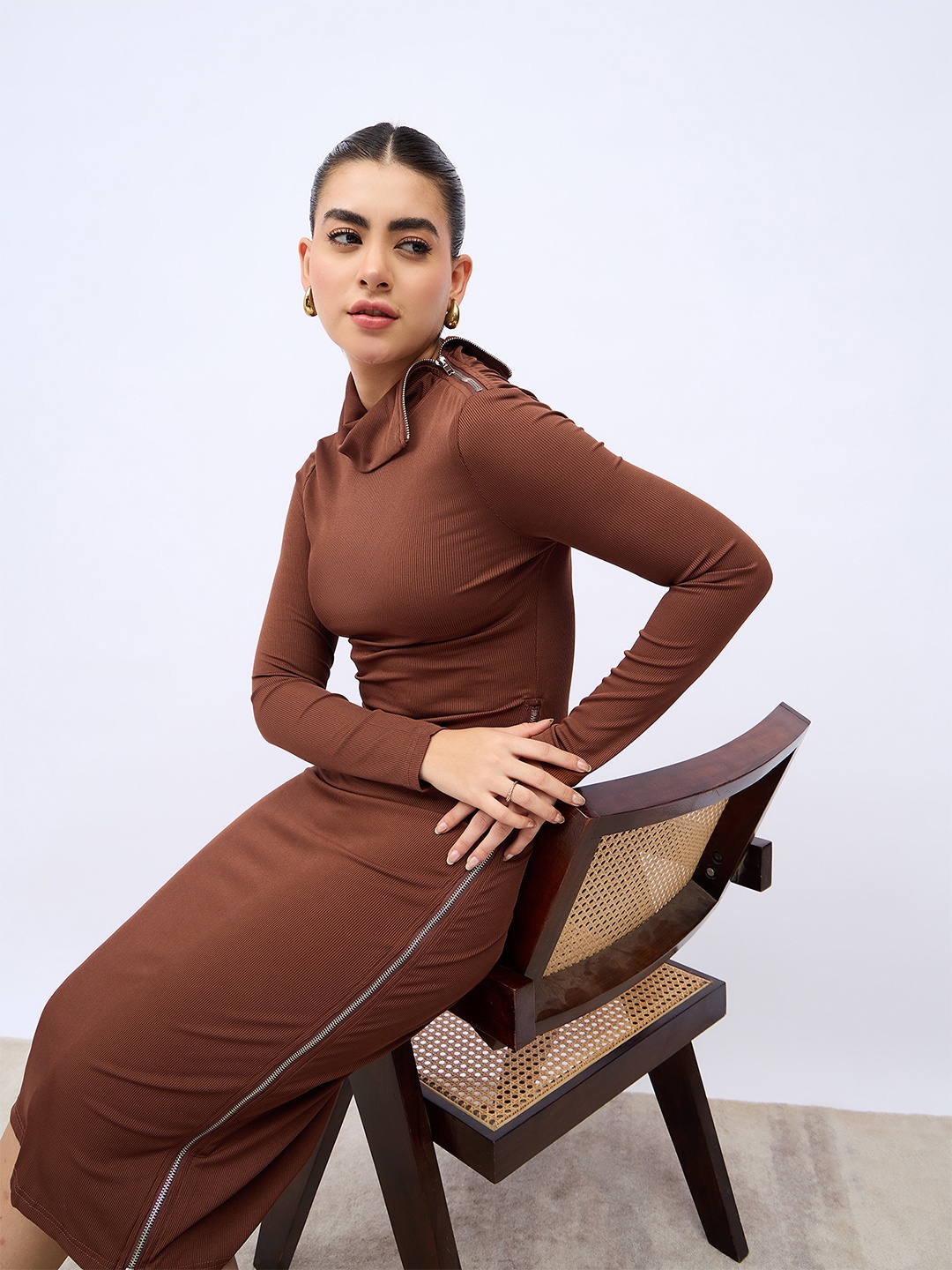 

Styli Women Brown Self Design High Neck Bodycon Midi Dress