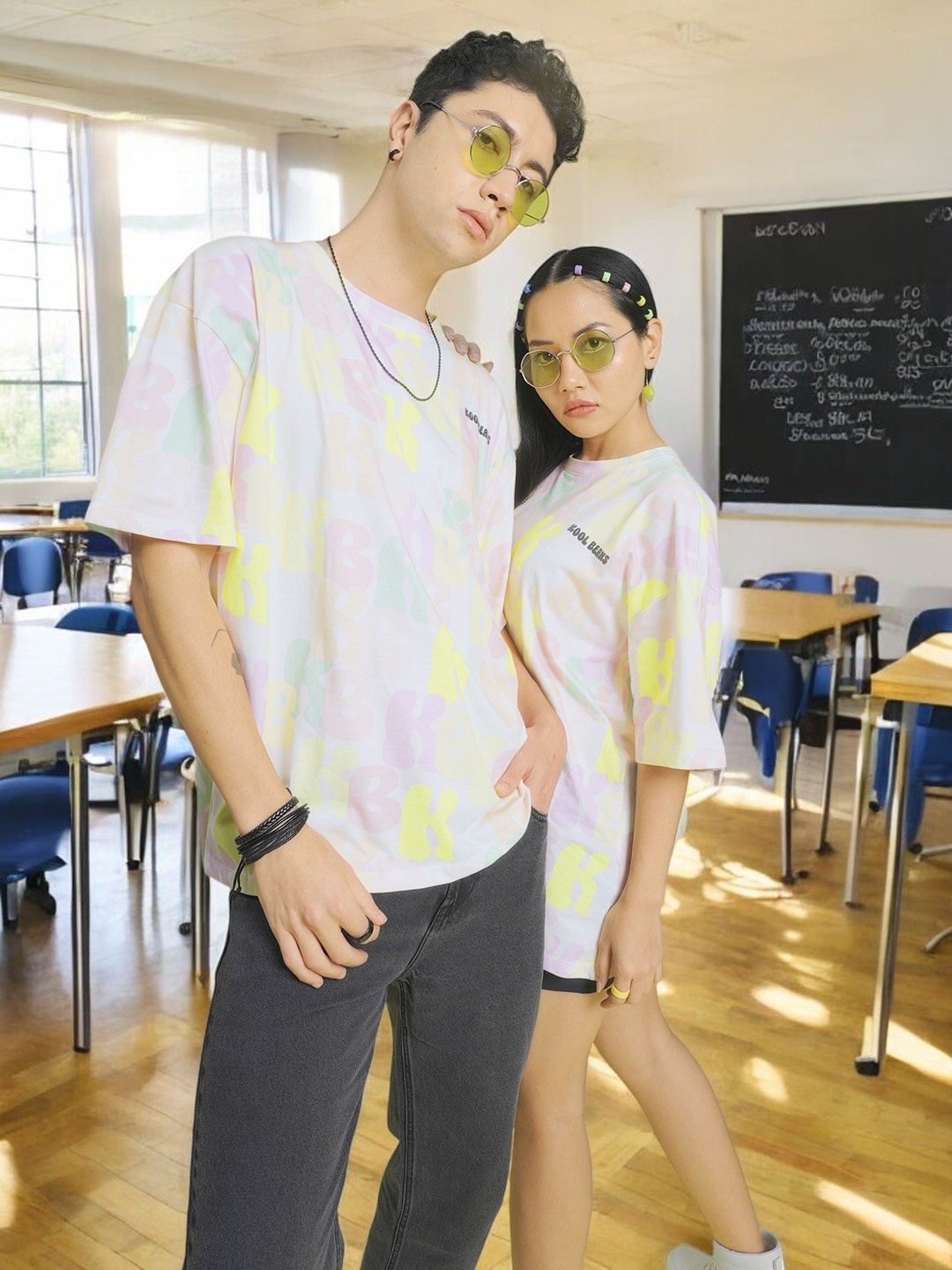 

URA STREET Unisex Abstract Printed Round Neck Cotton Oversized T-shirt, White