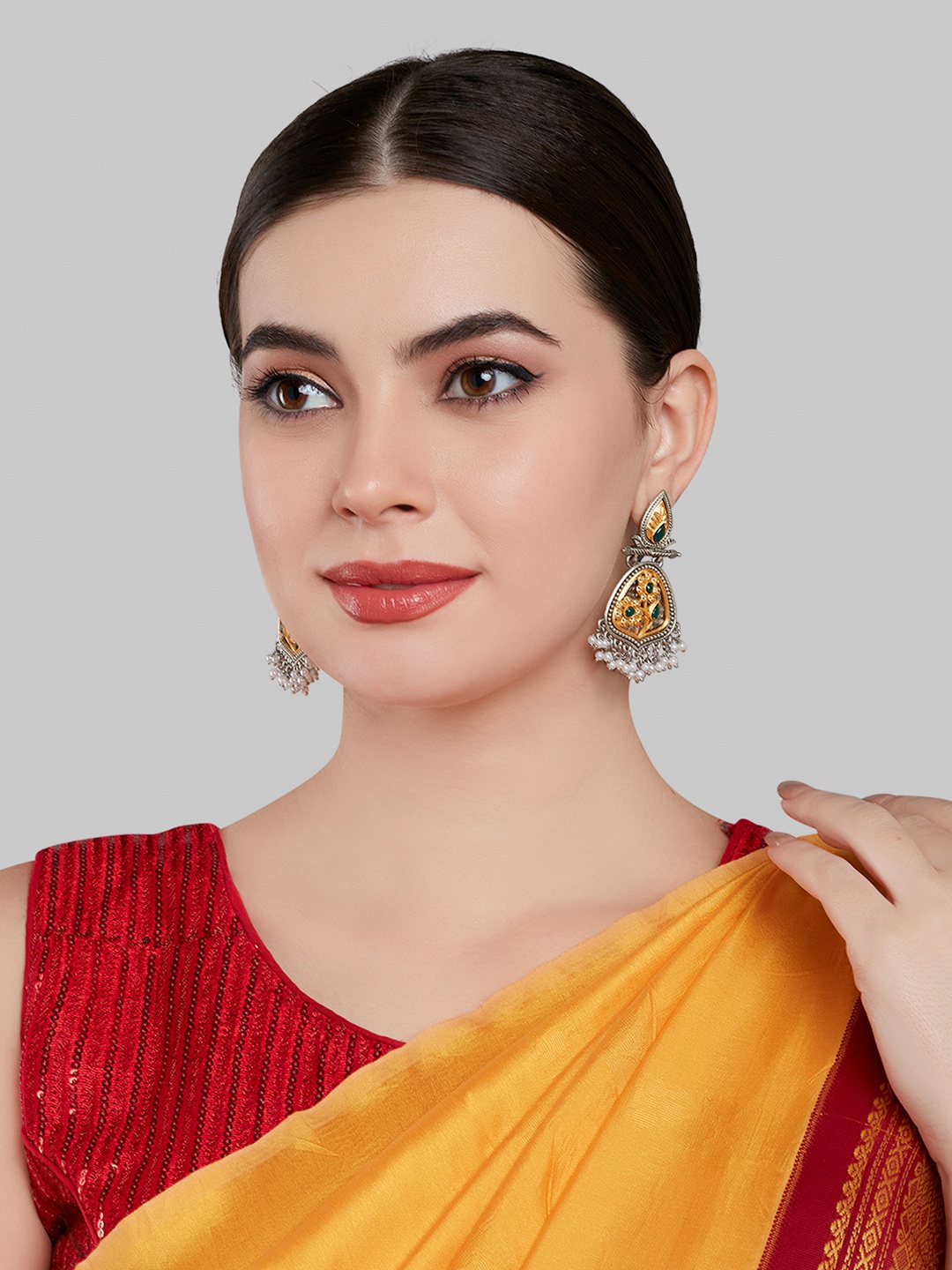 

GRLIE Kundan Studded Contemporary Meenakari Drop Earrings, Gold