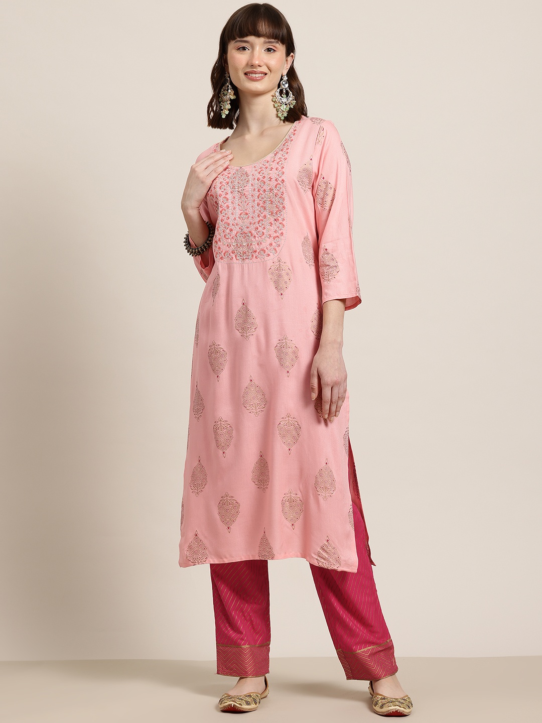 

HERE&NOW Ethnic Motifs Embroidered Kantha Work Kurta with Trousers, Pink