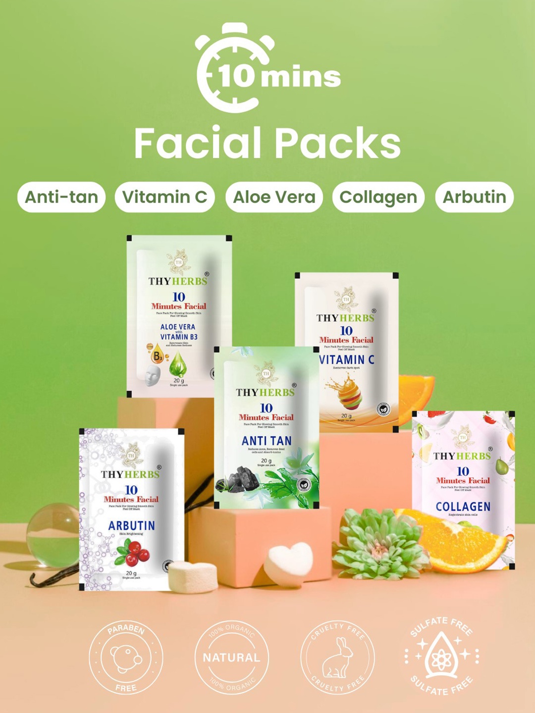 

Thyherbs Set Of 5 Collagen Anti-Tan Vitamin Aloe-Vera Arbutin Peel Off Mask-20g Each, White