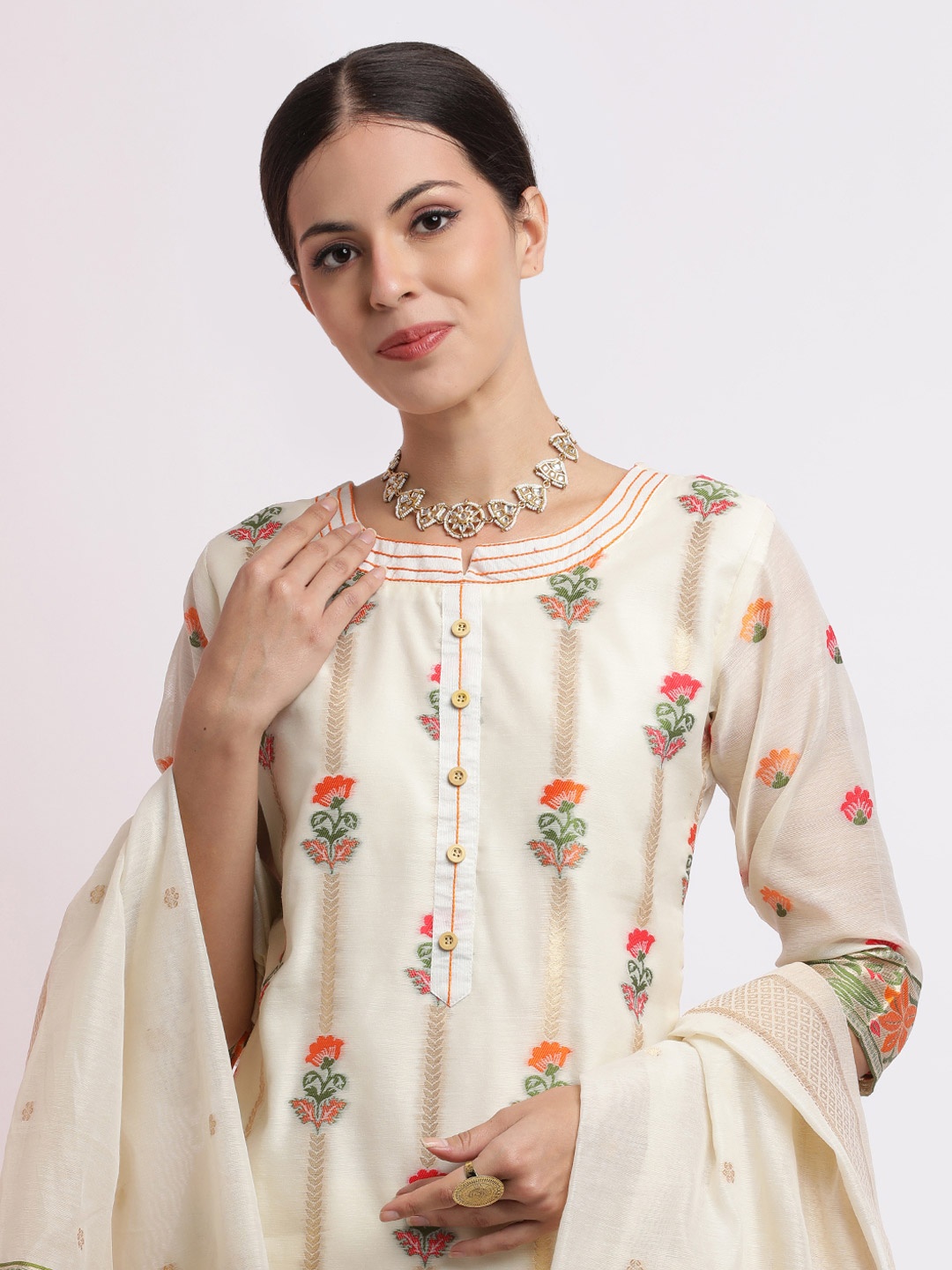 

Jaipur Kurti Embroidered Chanderi Cotton Kurta Set with Dupatta, Pink