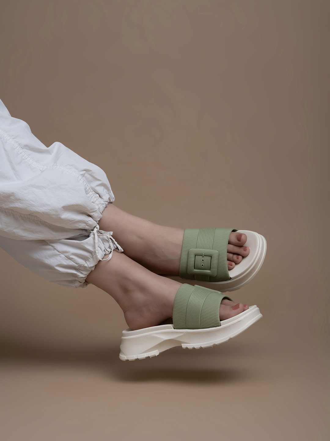 

The Roadster Lifestyle Co Women Buckle Detail Open Toe Flats, Green