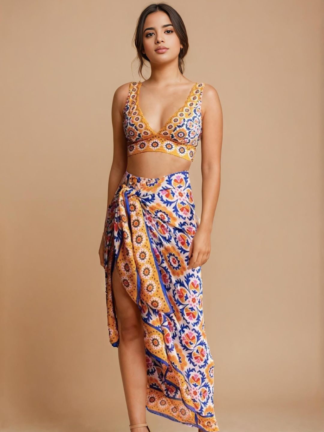 

WomanLikeU Women Seashells Symphony Printed Bikini Set With Coverup, Yellow