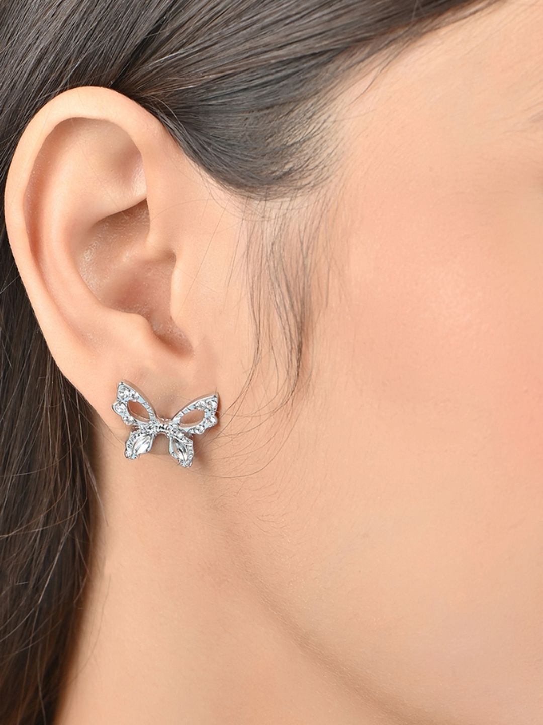 

ToniQ Silver-Plated Cubic Zirconia Studded Butterfly Studs Earrings