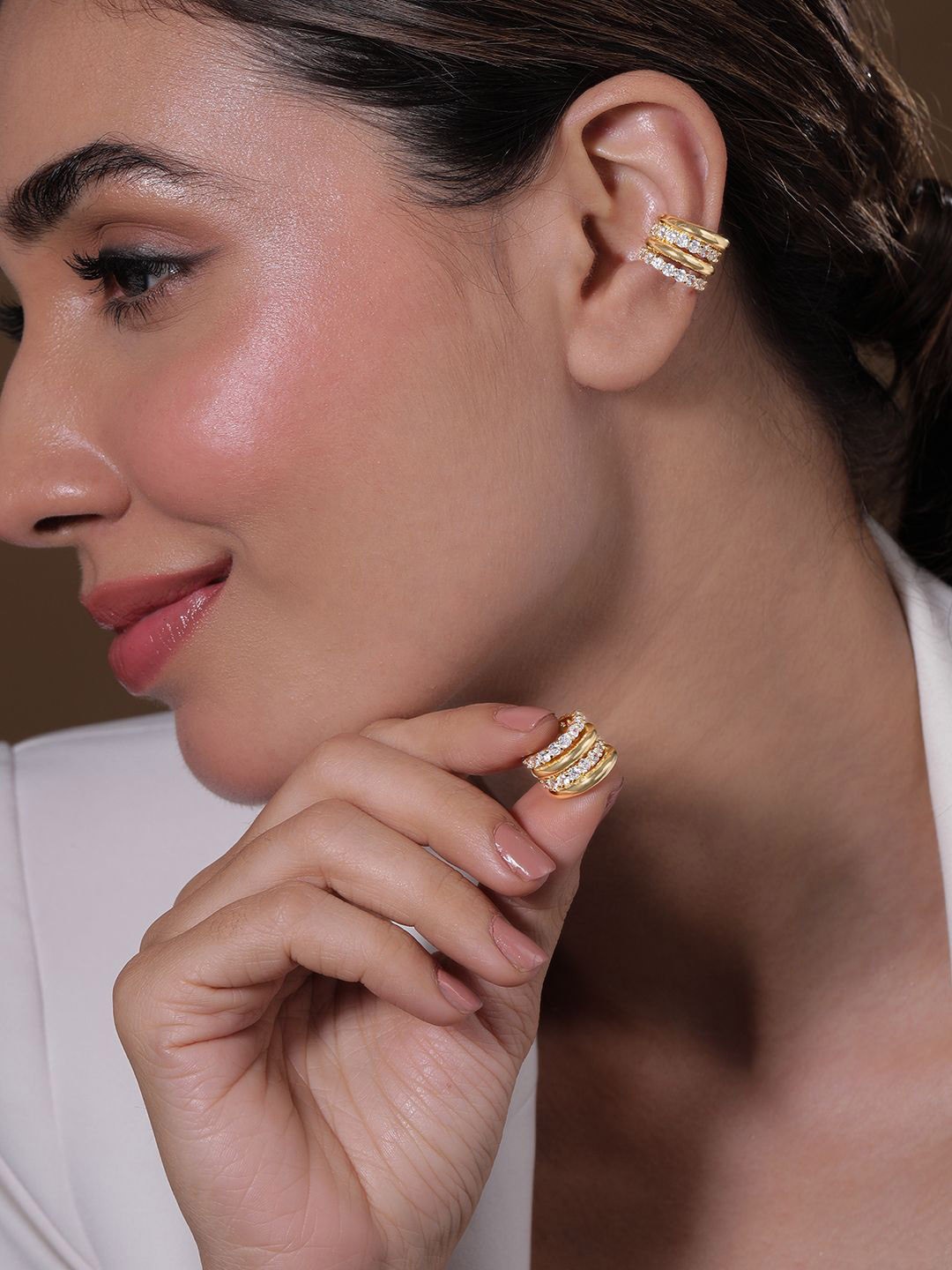 

Rubans 18k Gold Plated Triple Row Cubic Zirconia Studded Ear Cuffs
