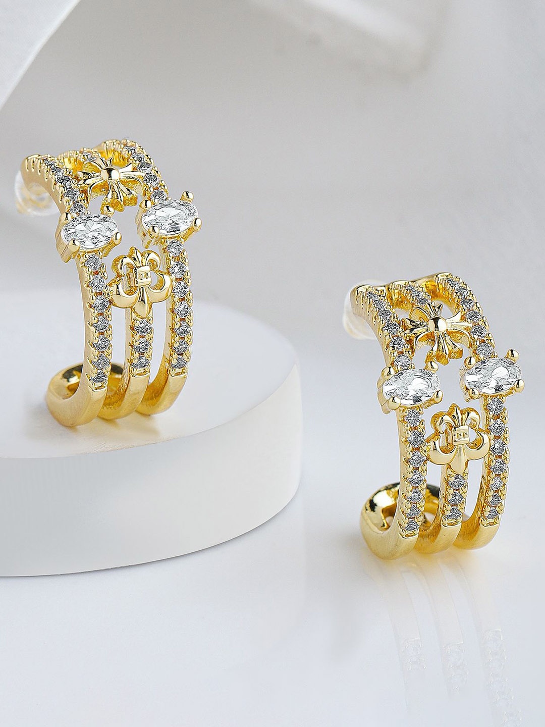 

Rubans 22K Gold Plated Cubic Zirconia Studded Floral Half Hoop Earrings