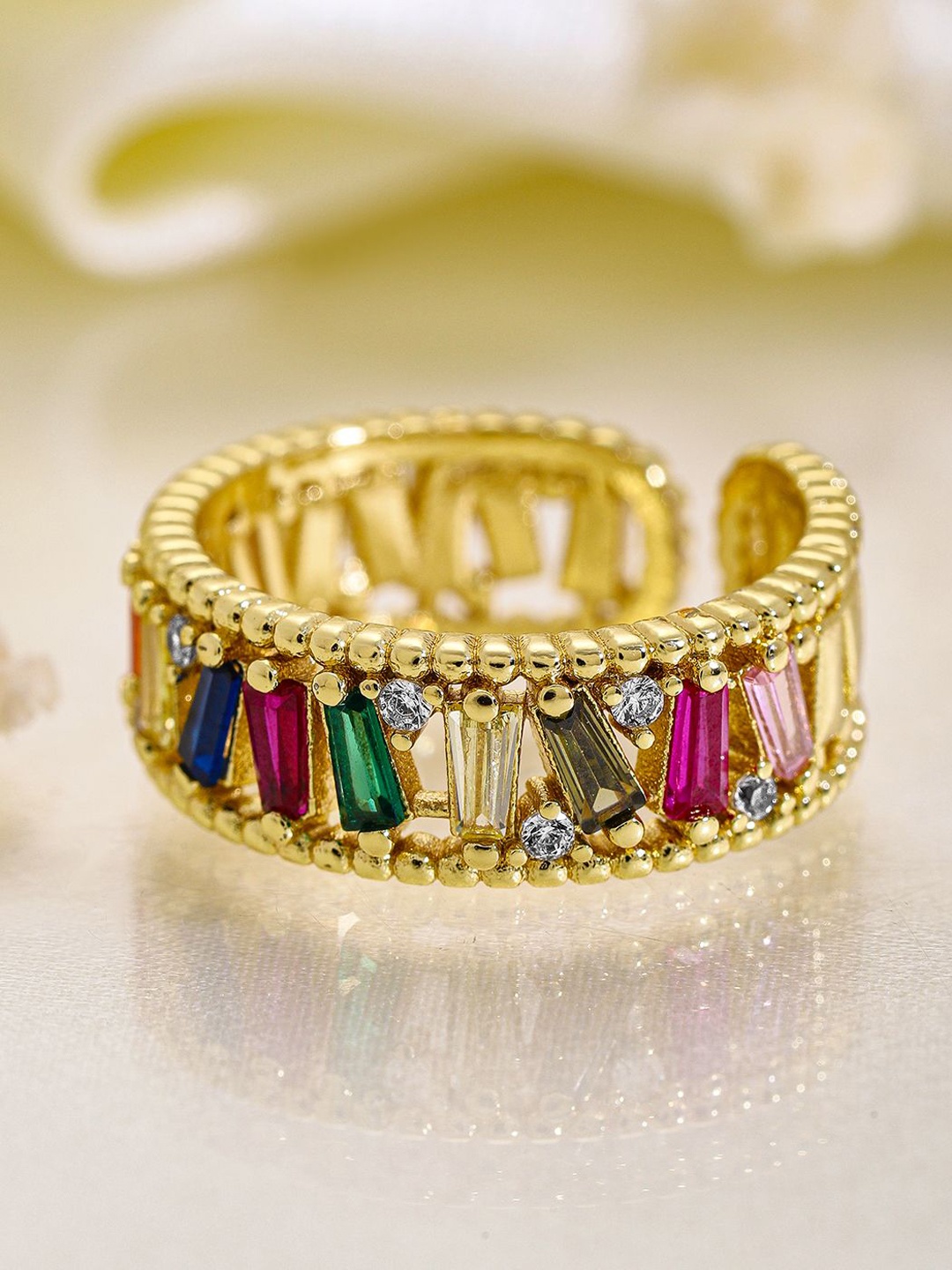 

Rubans 18K Gold Plated Multicolor Baguette Cubic Zirconia Studded Adjustable Ring