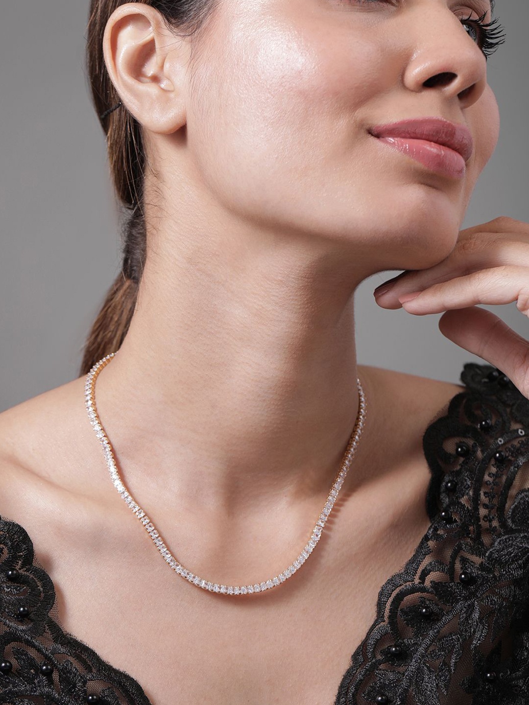 

Rubans 22K Gold Plated AD & Cubic Zirconia Studded Elegant Tennis Necklace
