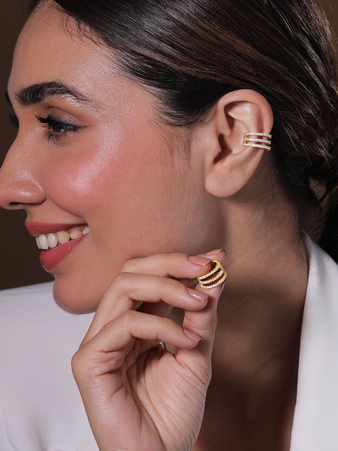 

Rubans 18K Gold Plated Triple Row Cubic Zirconia Studded Ear Cuffs