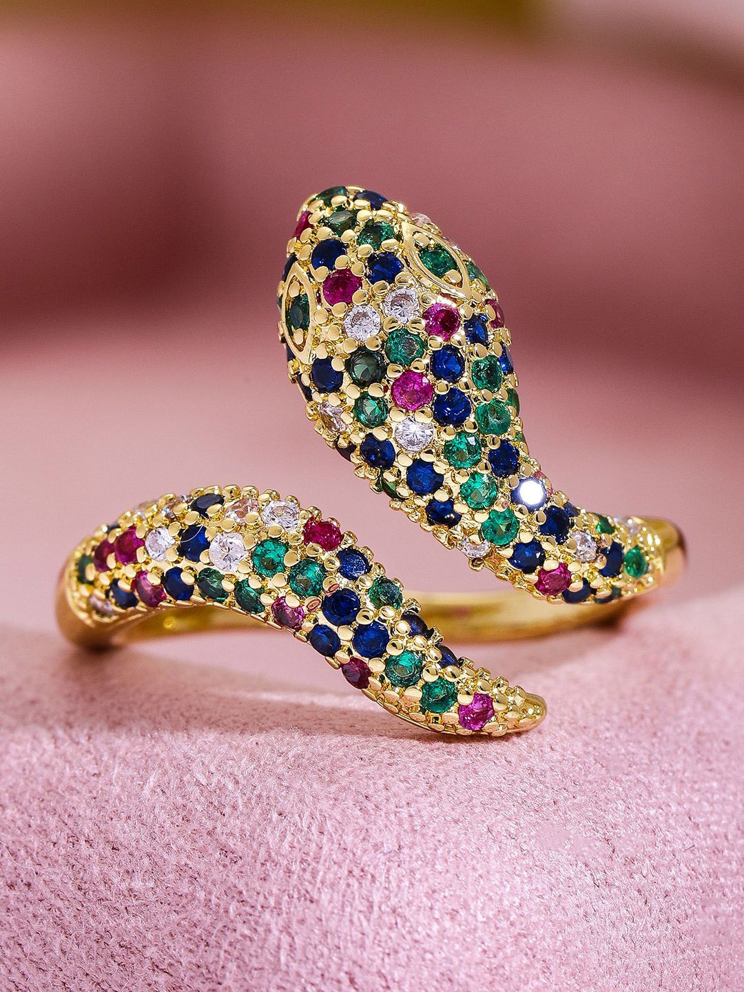 

Rubans 18K Gold Plated Multicolor Cubic Zirconia Studded Snake Design Adjustable Ring