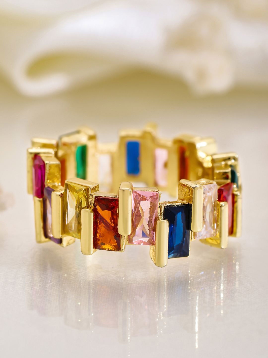 

Rubans 18K Gold Plated Multi-Color Cubic Zirconia Studded Finger Ring