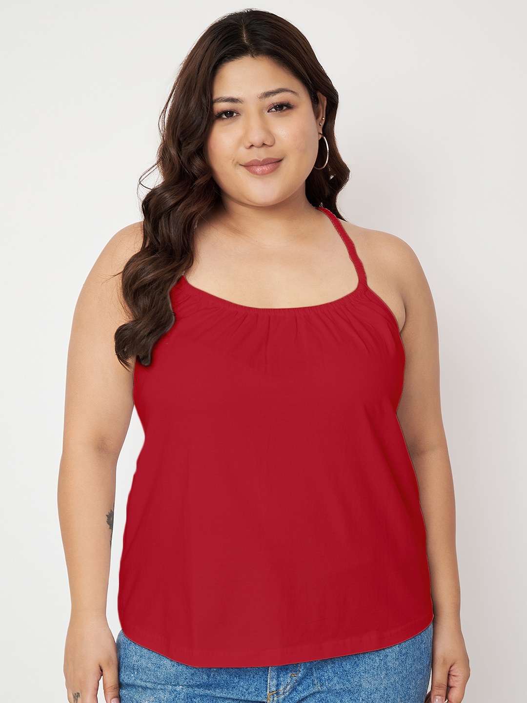 BRINNS Women Plus Size Styled Back Top, Red