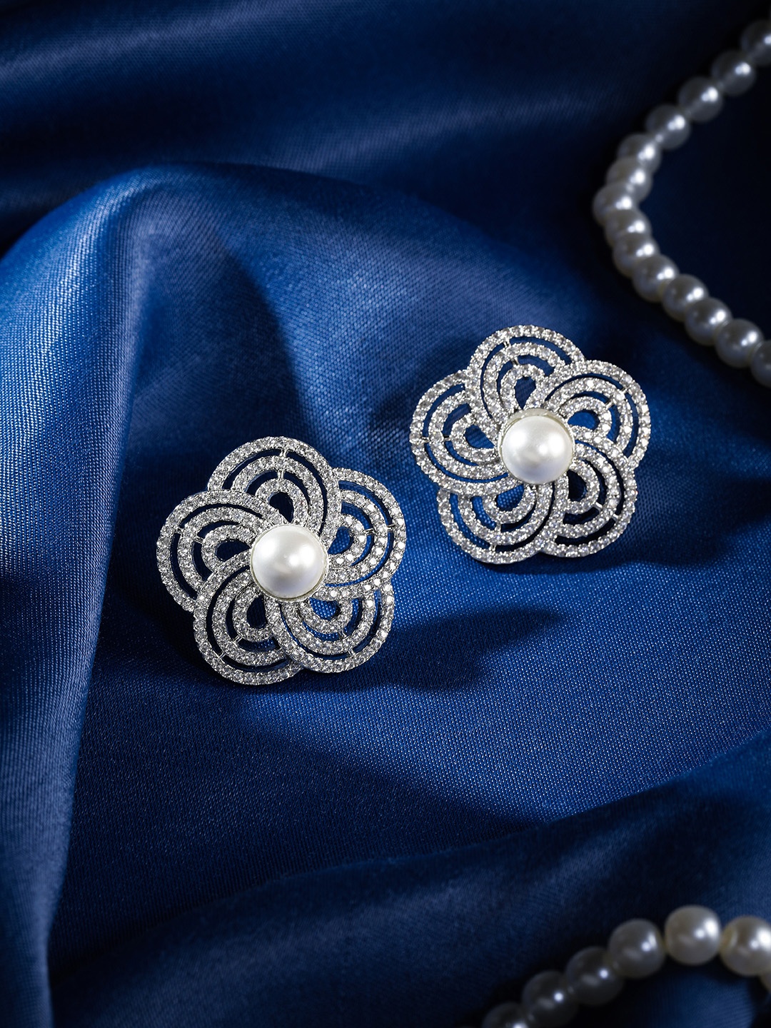 

Manikya Rhodium-Plated American Diamond CZ Floral Studs, Silver