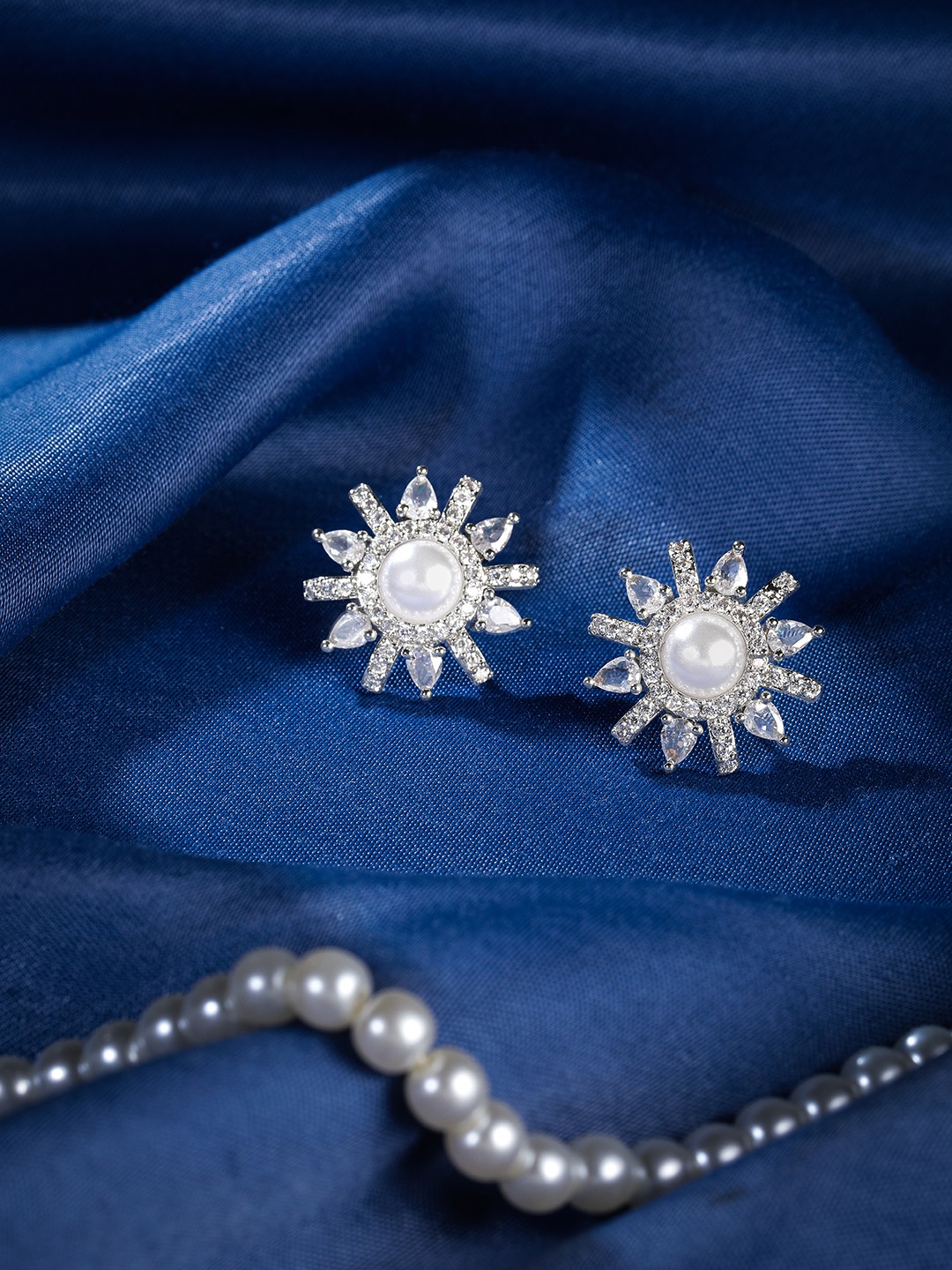 

Manikya Rhodium-Plated American Diamond CZ Floral Studs, Silver