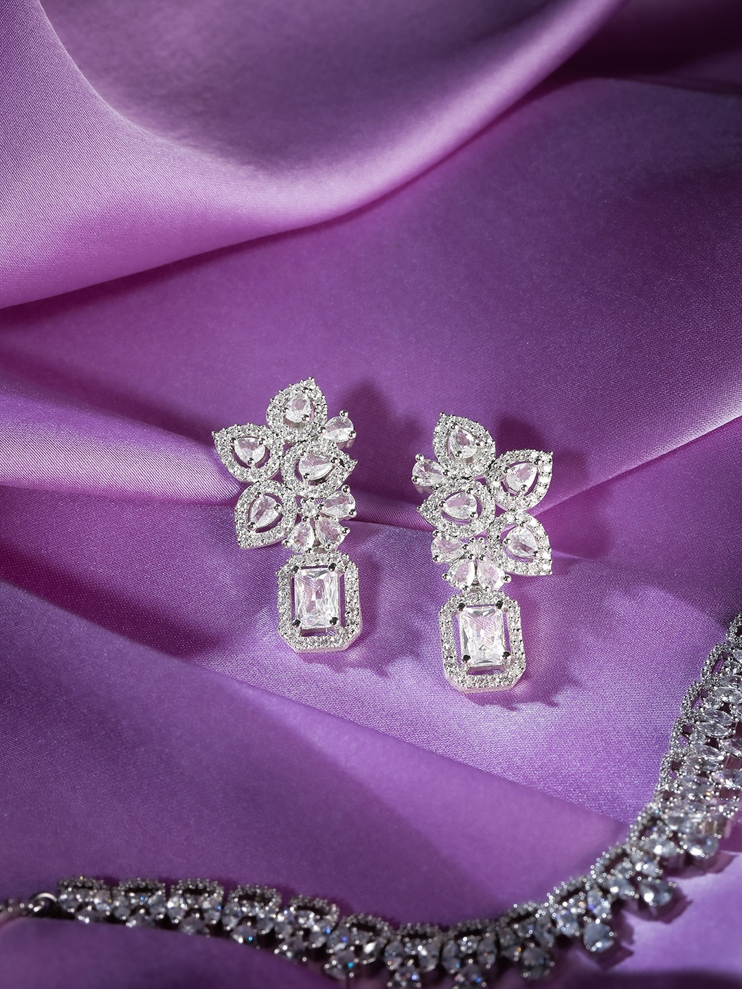 

Manikya Rhodium-Plated American Diamond CZ Leaf Shaped Drop Earrings, Silver