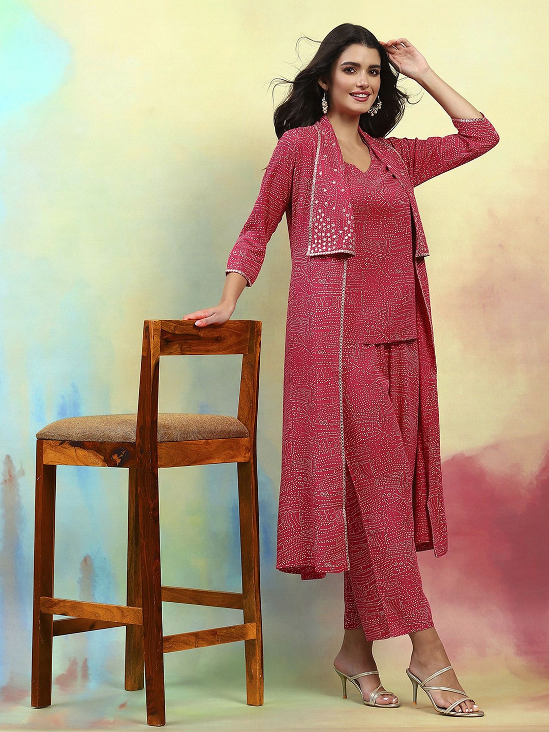 

Khushal K Floral Printed Sleeveless Shrug Top & Trouser, Pink