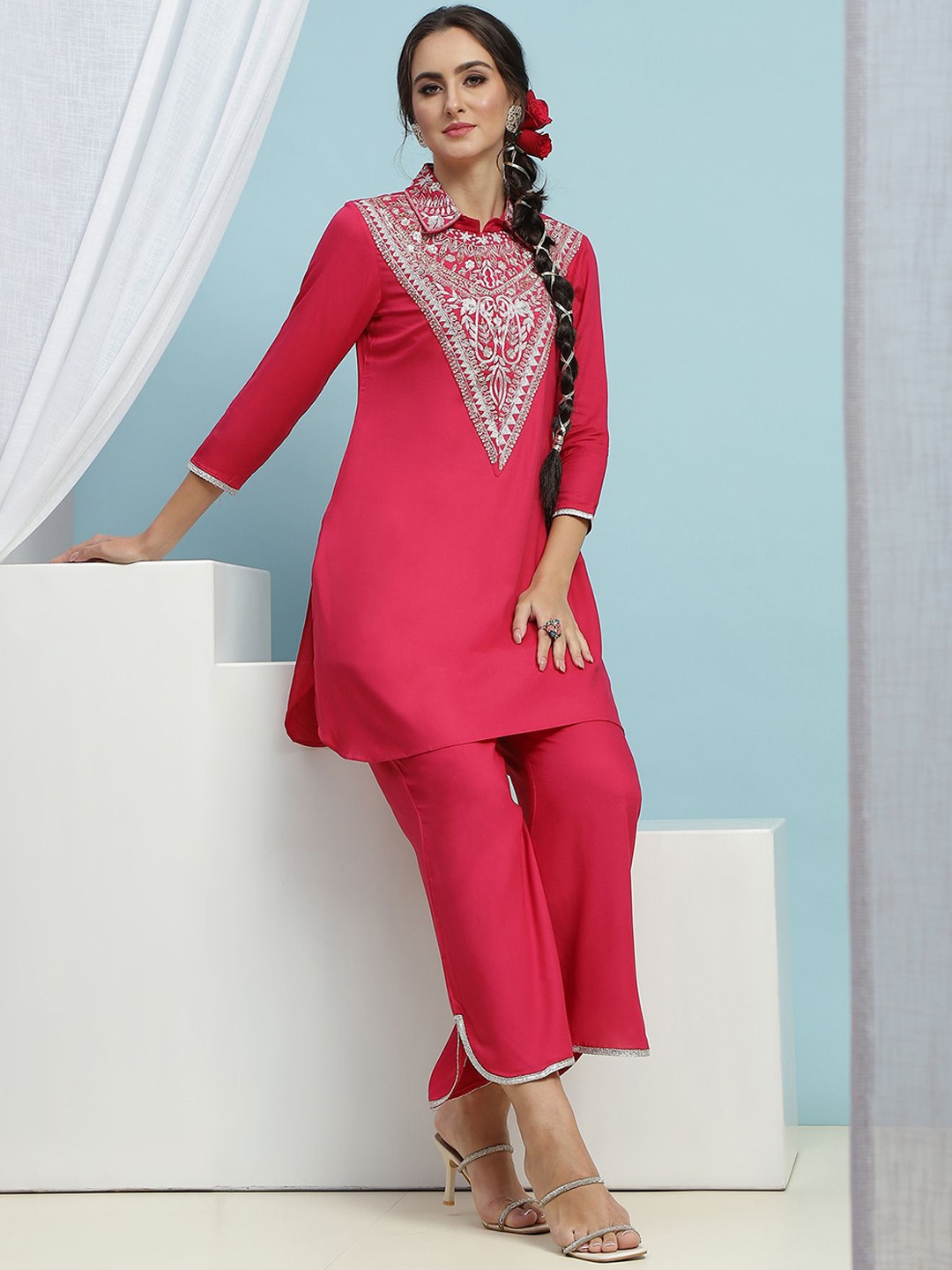 

Khushal K Embroidered Shirt Collar Top With Trousers, Pink
