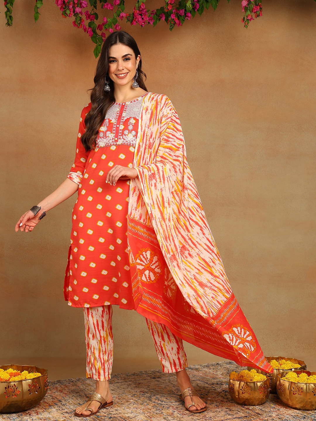 

KALINI Bandhani Printed Sequinned Pure Cotton Kurta with Trousers & Dupatta, Orange