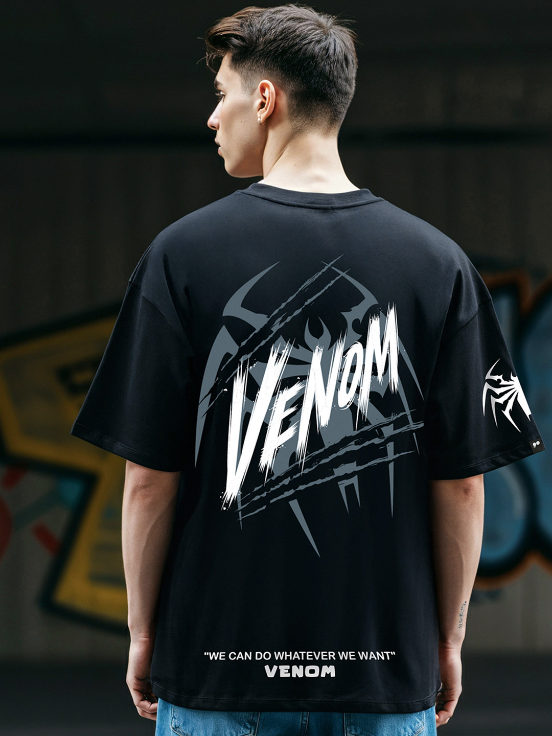 

Bewakoof Men Graphic Printed Round Neck Cotton Oversized T-shirt, Black