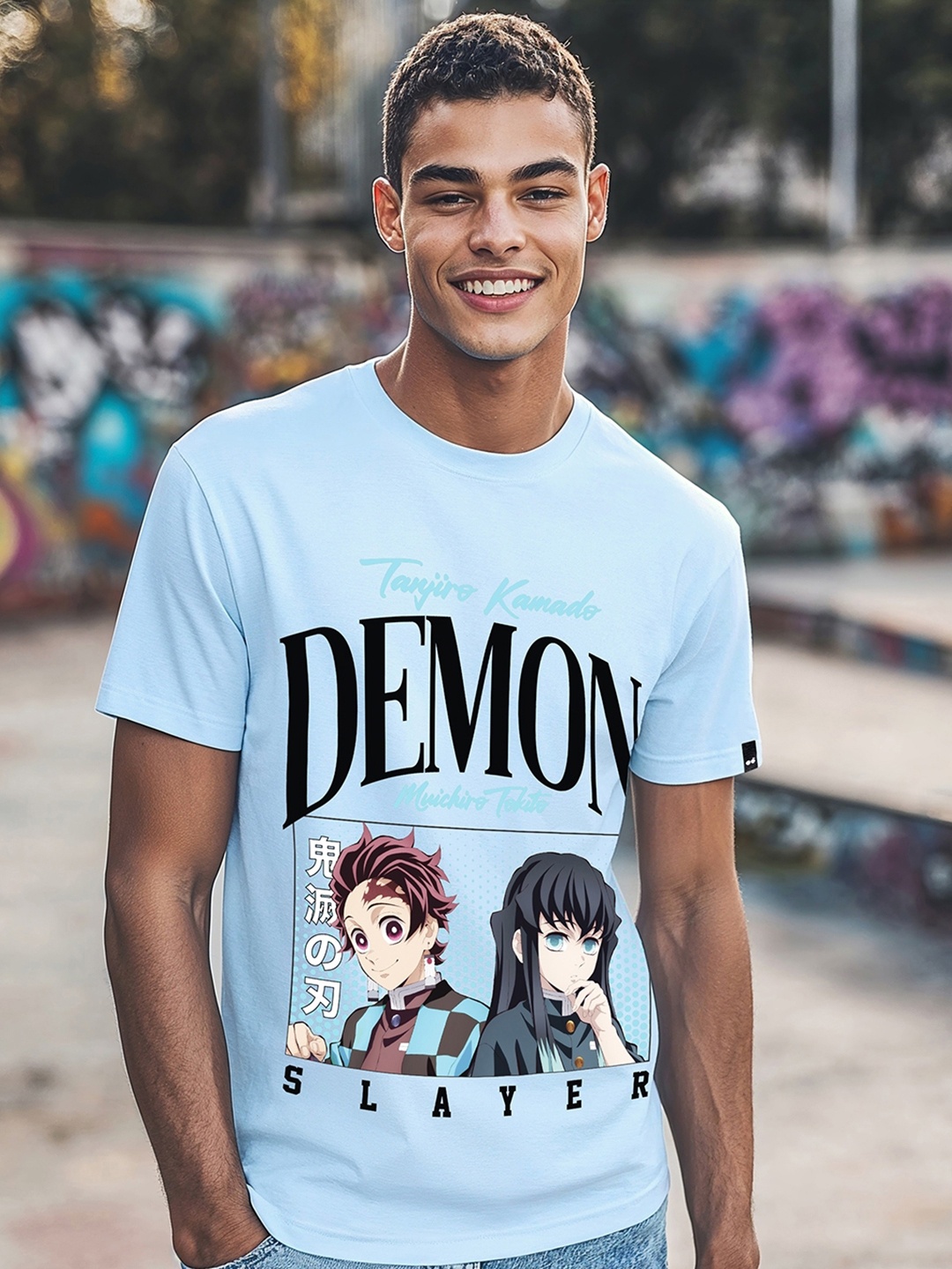 

Bewakoof Official Demon Slayer Men's Tanjiro X Tokito Graphic Printed T-shirt, Blue