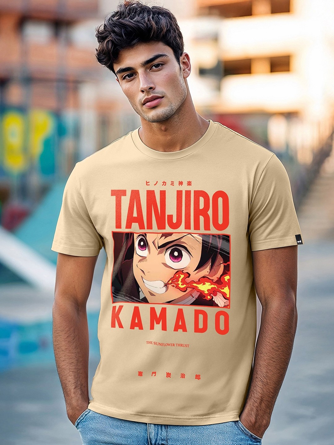 

Bewakoof Official Demon Slayer Tanjiro Fire Breathing Graphic Pure Cotton Printed T-shirt, Brown
