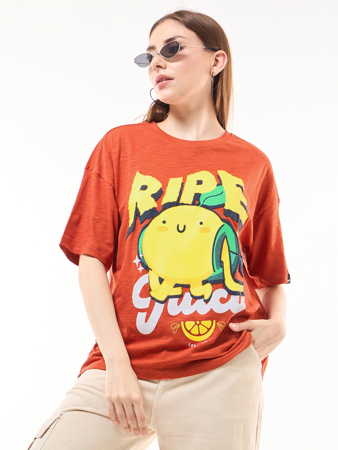 Bewakoof Air 1.0 Women Orange Ripe and Juicy Graphic Printed Oversized T-shirt