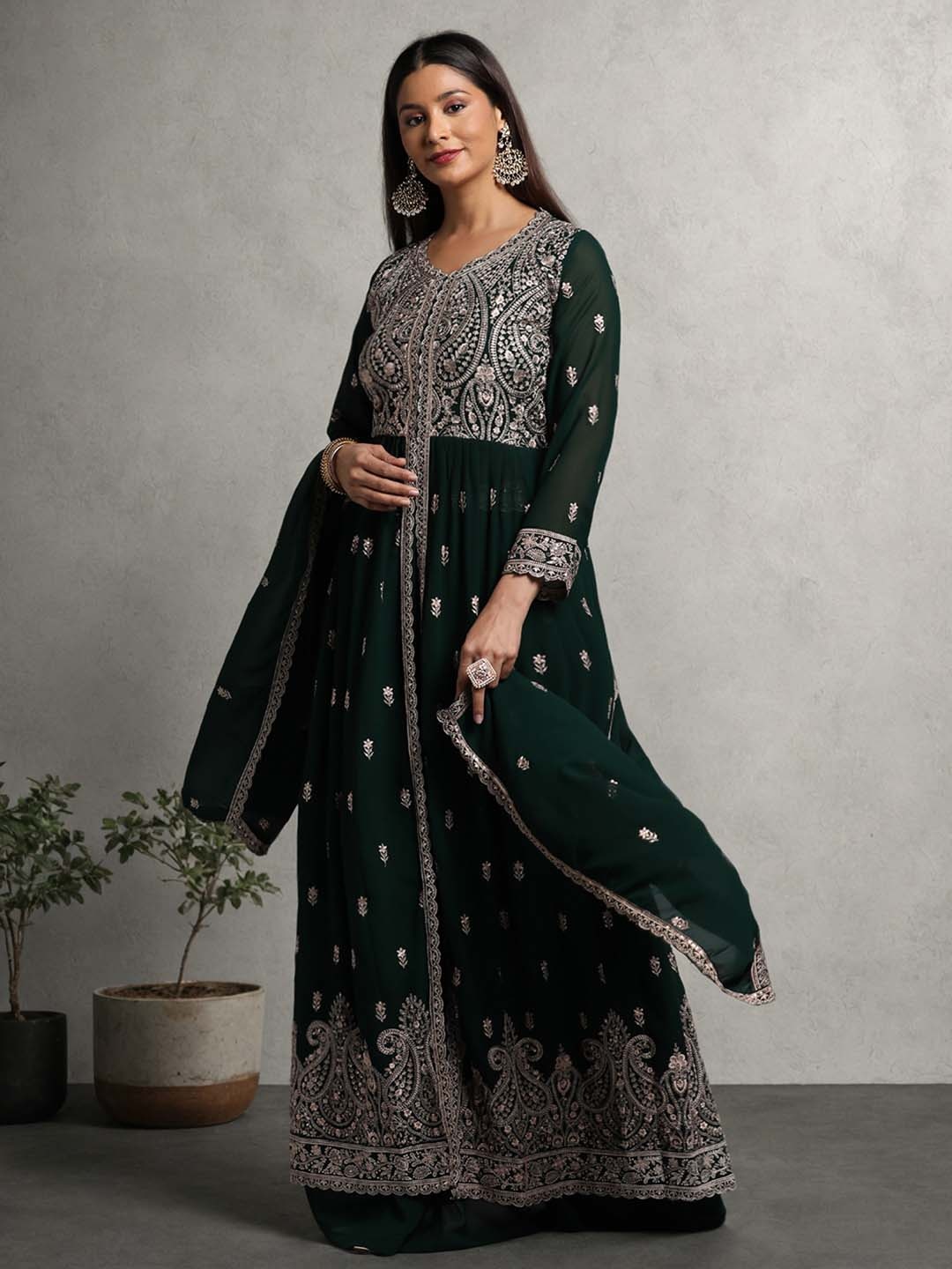 

Miss Ethnik Embroidered Kurta With Skirt & Dupatta, Green