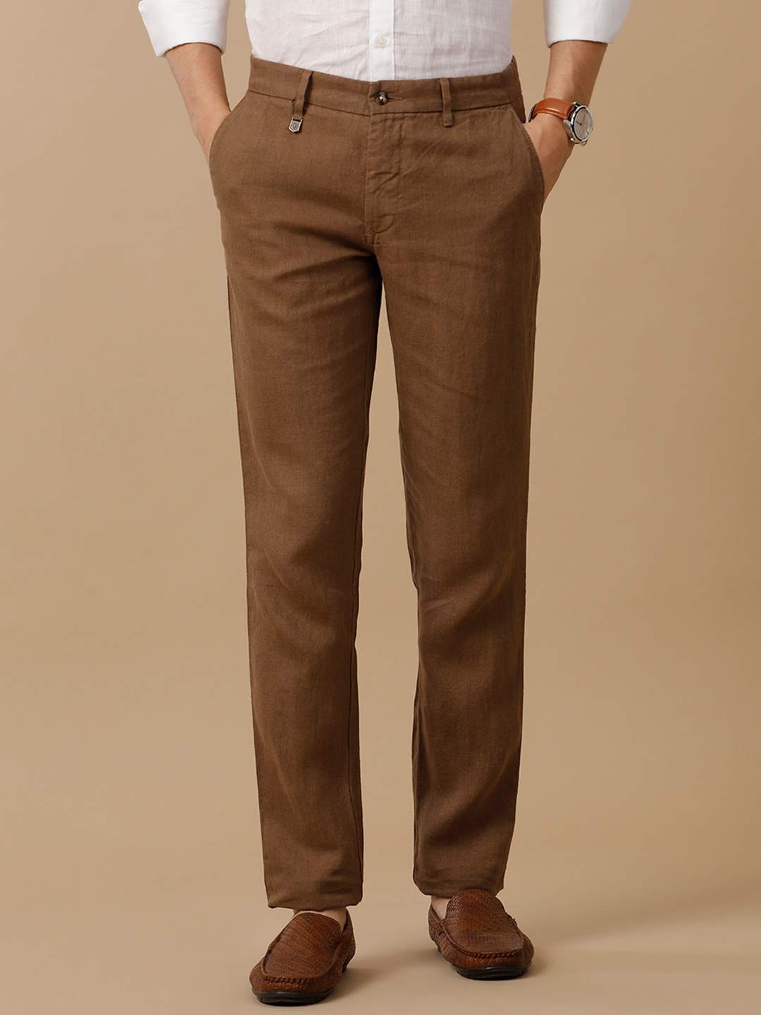 

Linen Club Men Smart Slim Fit Easy Wash Trousers, Brown