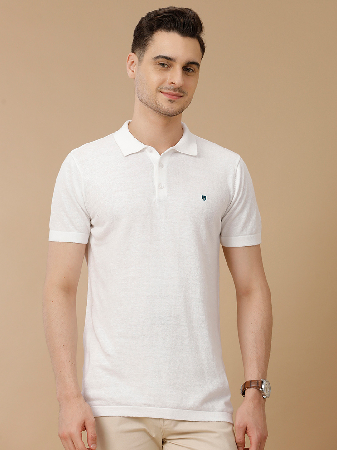 

Linen Club Men Polo Collar Slim Fit Solid T-shirt, White