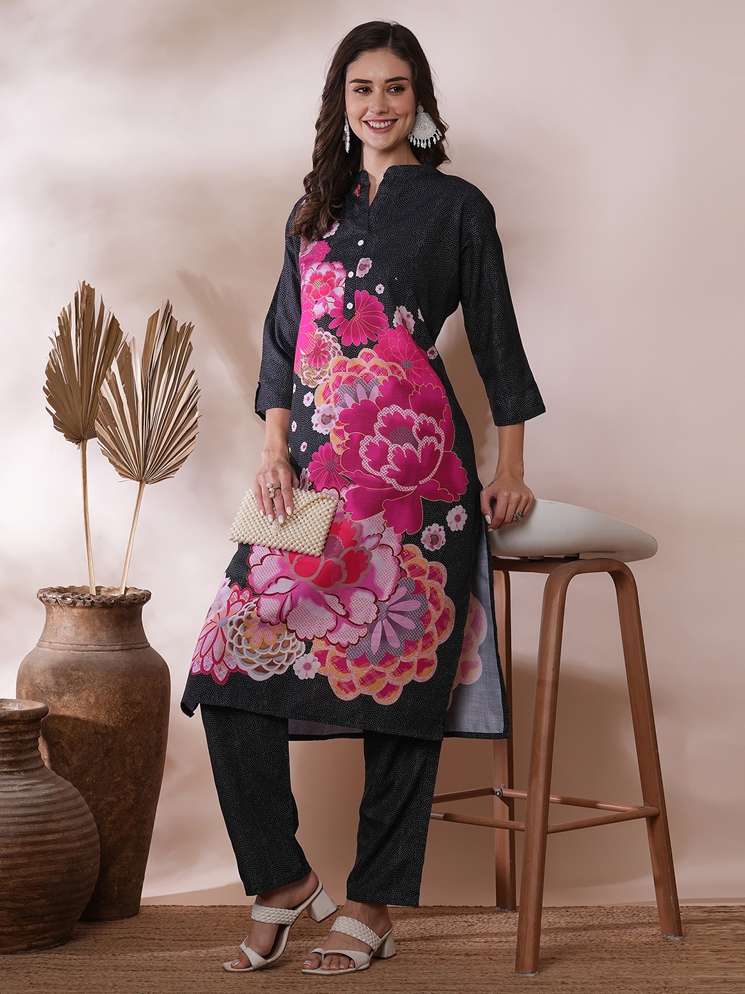

KALINI Floral Printed Mandarin Collar Pure Cotton Kurta with Trousers, Black