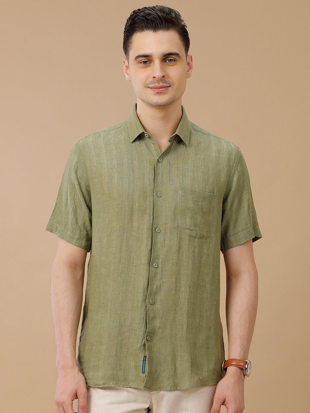 

Linen Club Men Contemporary Slim Fit Striped Casual Shirt, Green