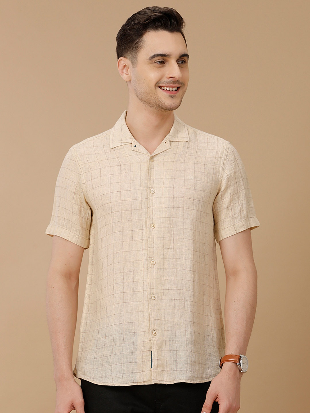 

Linen Club Men Contemporary Slim Fit Spread Collar Checked Shirt, Brown