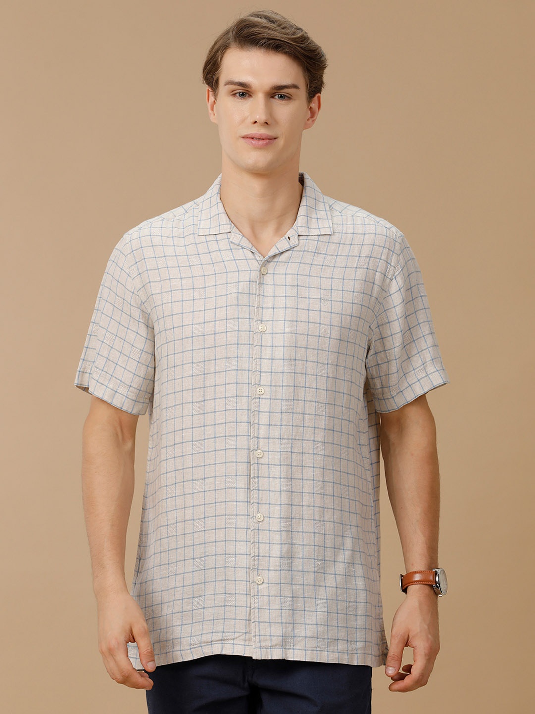 

Linen Club Men Contemporary Slim Fit Checked Opaque Casual Shirt, Beige