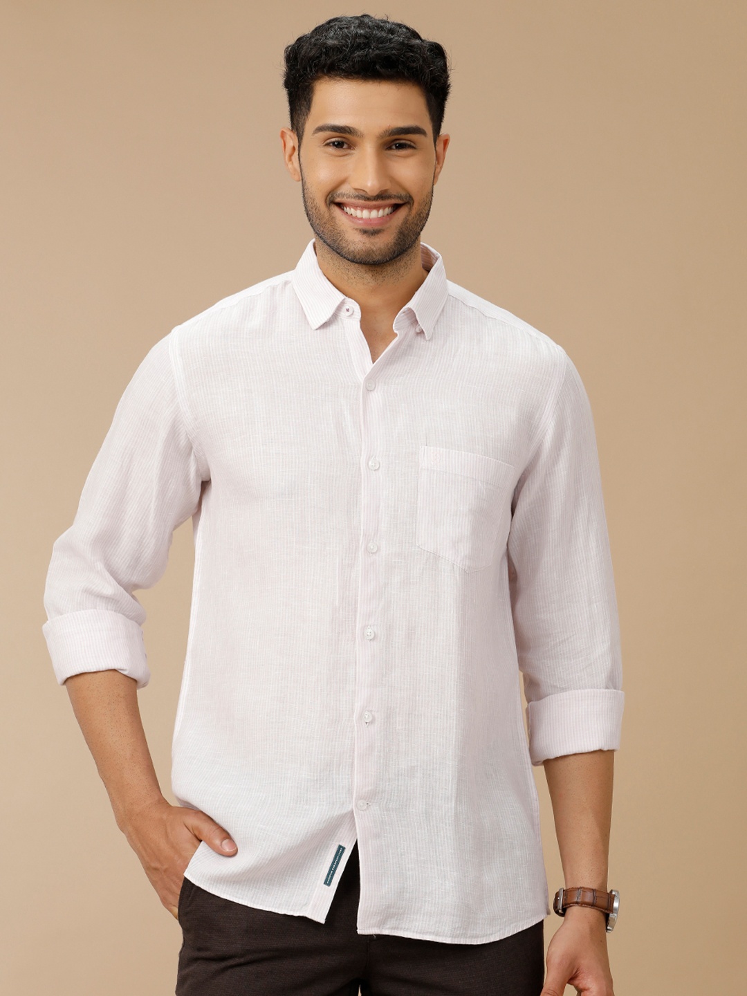

Linen Club Men Contemporary Slim Fit Pinstripes Striped Casual Shirt, Purple