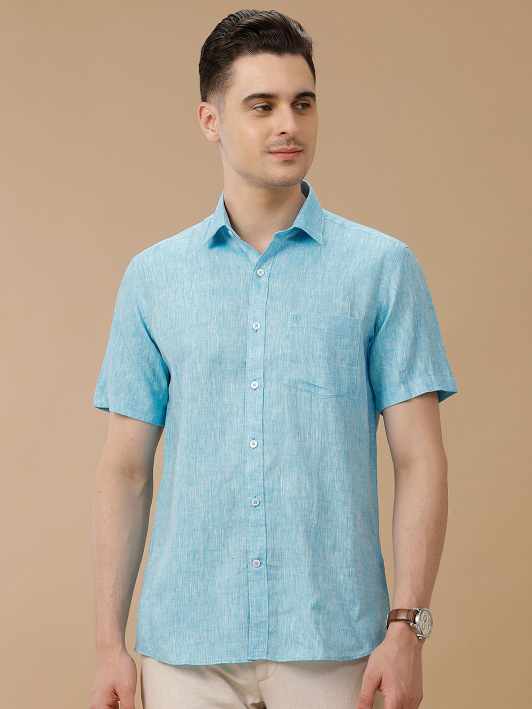 

Linen Club Men Contemporary Slim Fit Spread Collar Linen Shirt, Blue