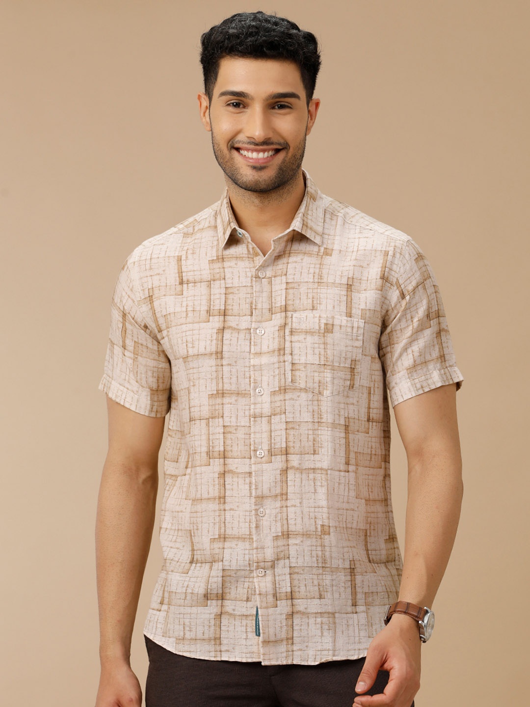

Linen Club Men Contemporary Slim Fit Abstract Printed Linen Casual Shirt, Beige