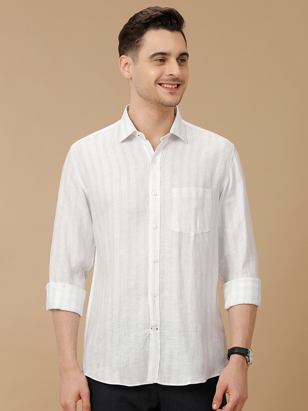 

Linen Club Men Contemporary Slim Fit Opaque Striped Casual Shirt, White
