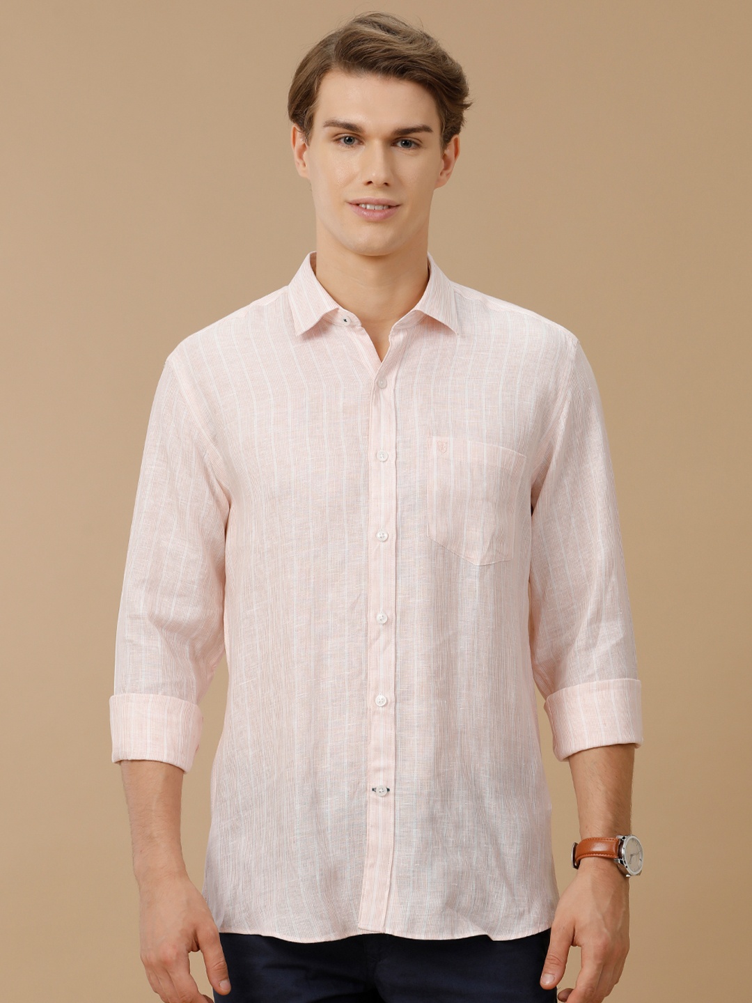 

Linen Club Men Contemporary Slim Fit Striped Linen Casual Shirt, Pink