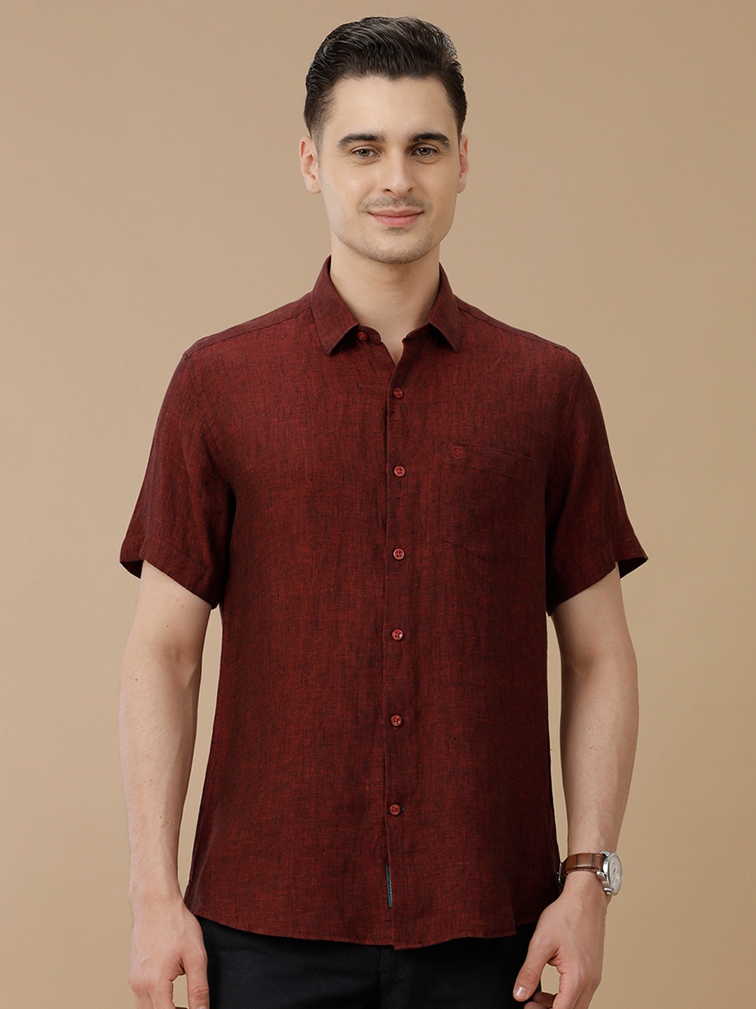 

Linen Club Men Contemporary Slim Fit Spread Collar Pure Linen Shirt, Maroon