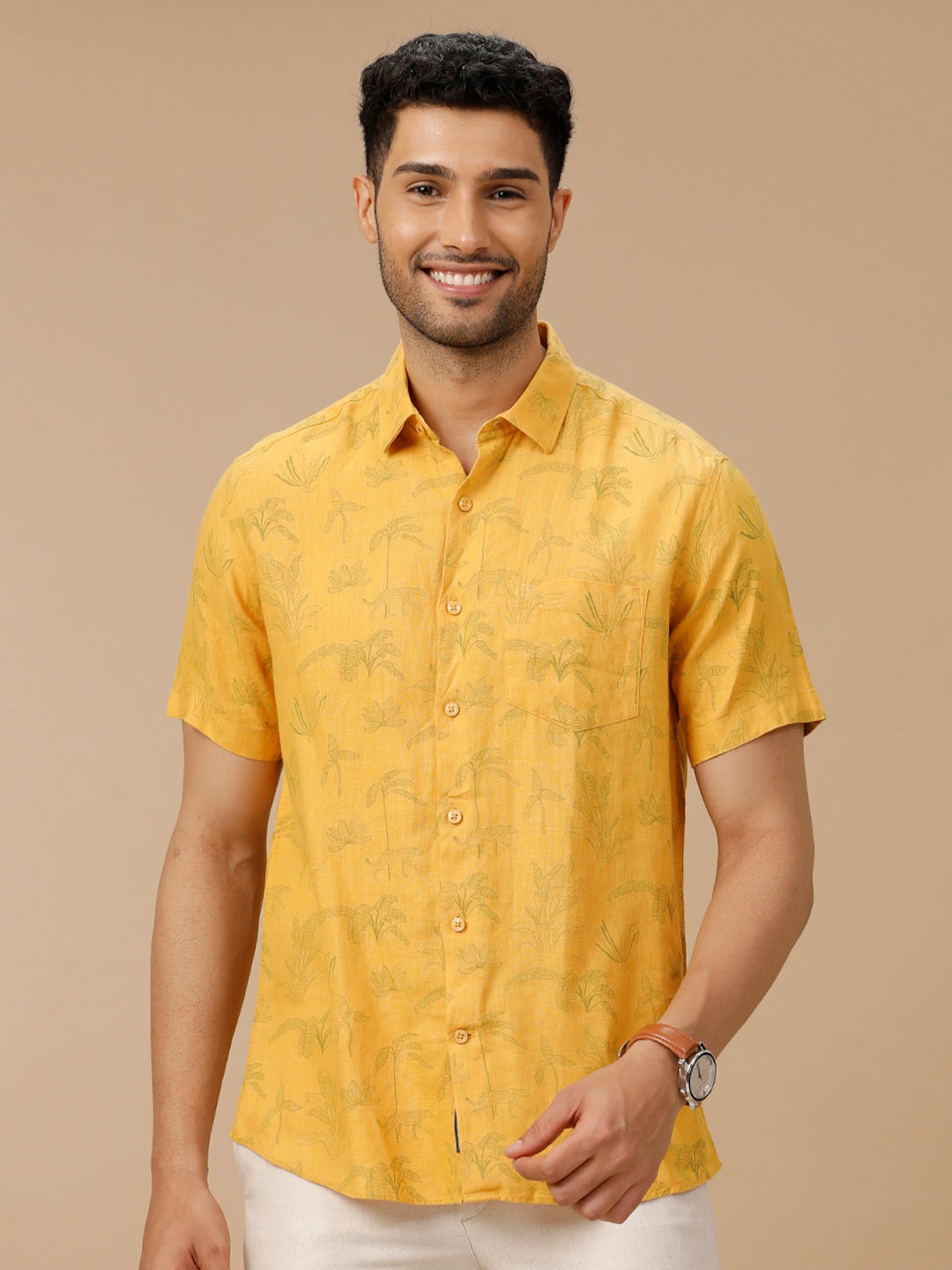 

Linen Club Men Contemporary Slim Fit Opaque Printed Casual Shirt, Yellow