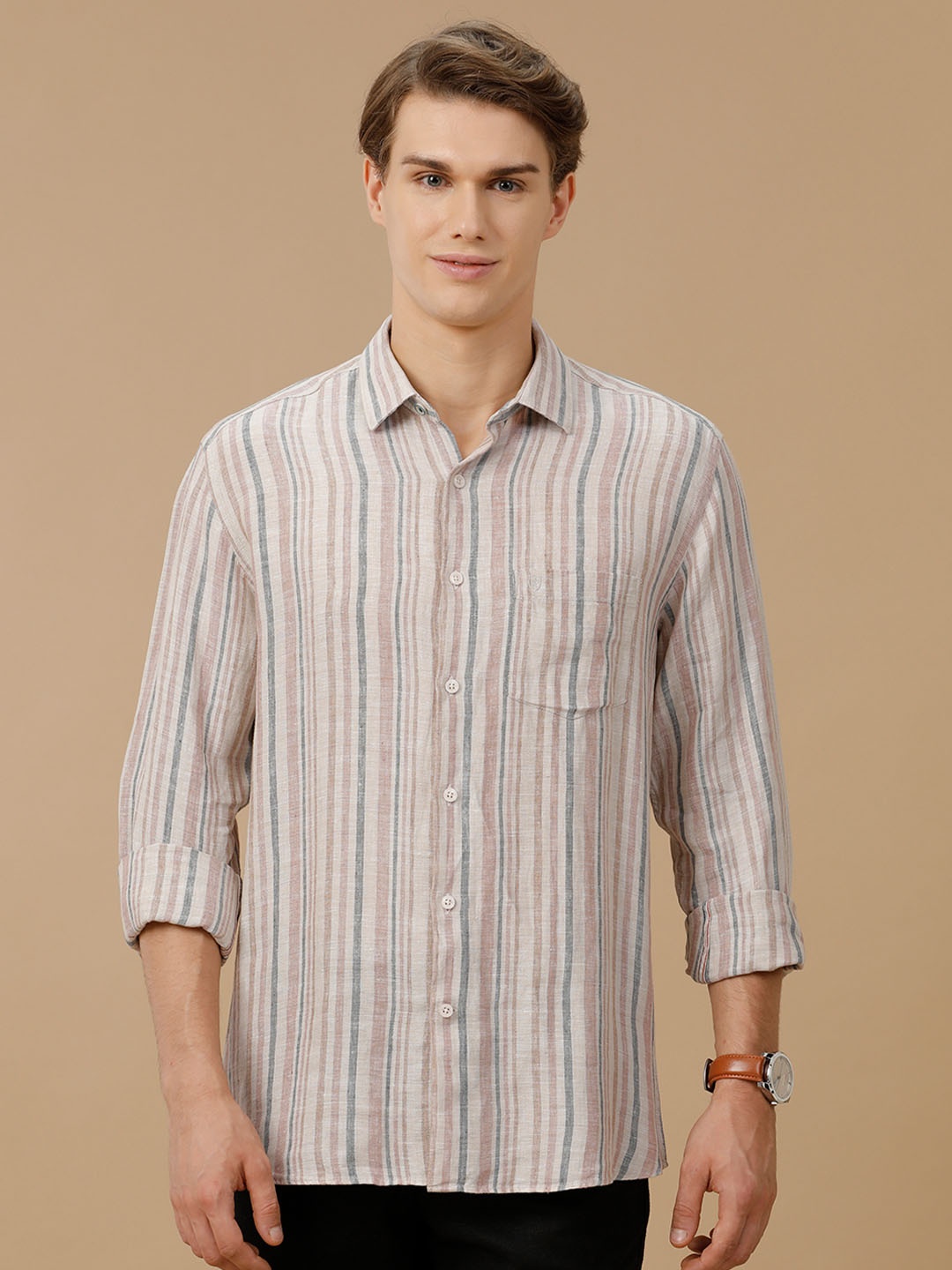 

Linen Club Men Contemporary Slim Fit Striped Opaque Casual Shirt, Beige