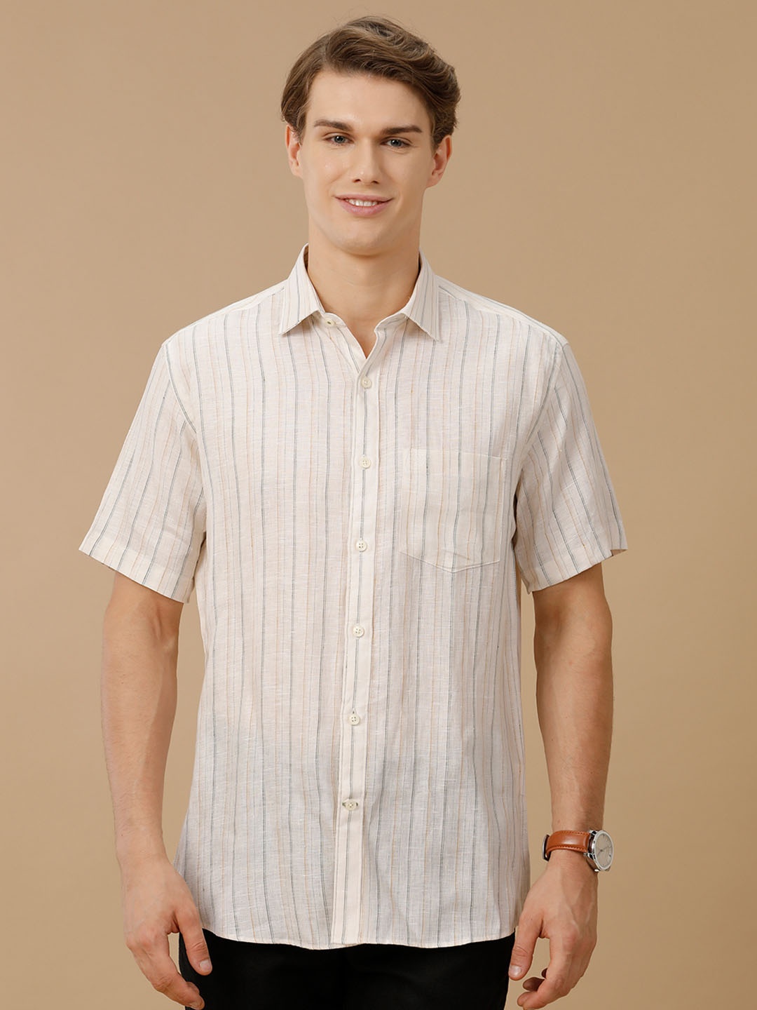 

Linen Club Men Contemporary Slim Fit Stripes Striped Casual Shirt, Off white