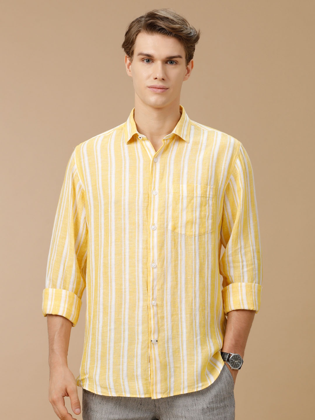 

Linen Club Men Contemporary Slim Fit Striped Opaque Linen Casual Shirt, Yellow