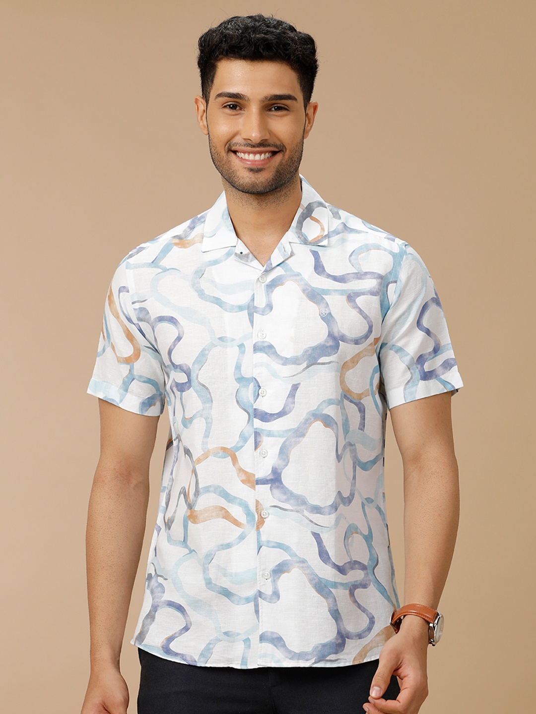 

Linen Club Men Contemporary Slim Fit Abstract Printed Linen Casual Shirt, White
