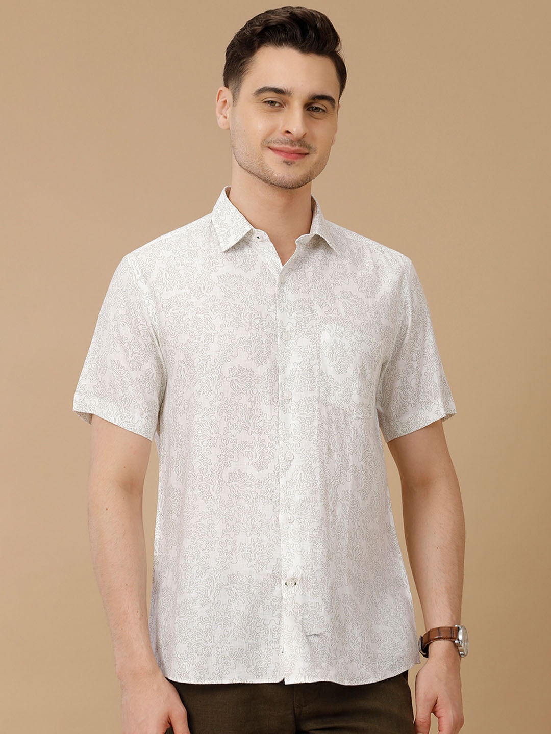 

Linen Club Men Contemporary Slim Fit Abstract Printed Linen Casual Shirt, White