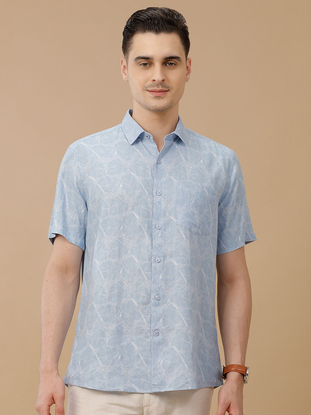 

Linen Club Men Contemporary Slim Fit Floral Printed Linen Casual Shirt, Blue