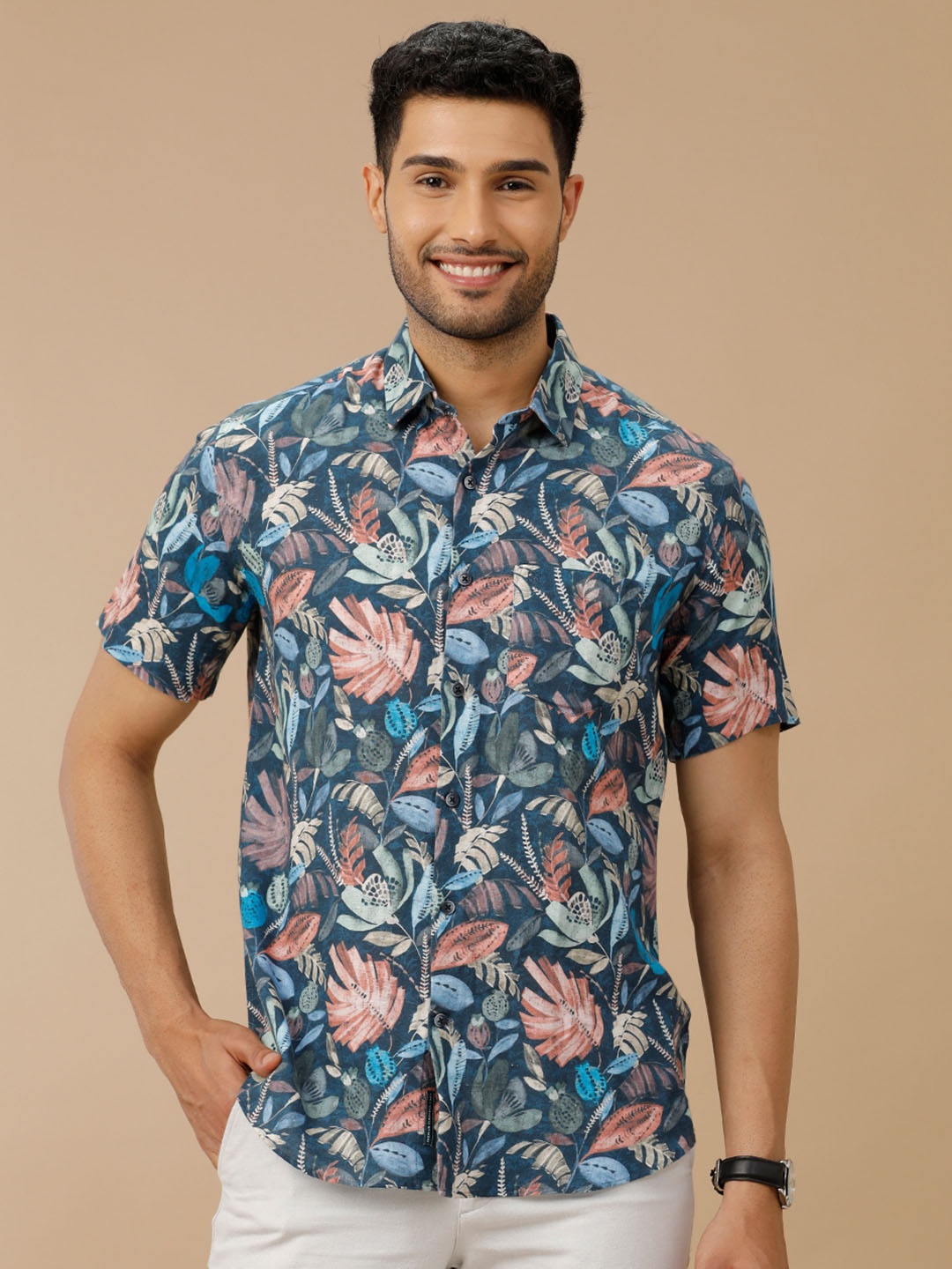 

Linen Club Men Contemporary Slim Fit Printed Casual Shirt, Blue