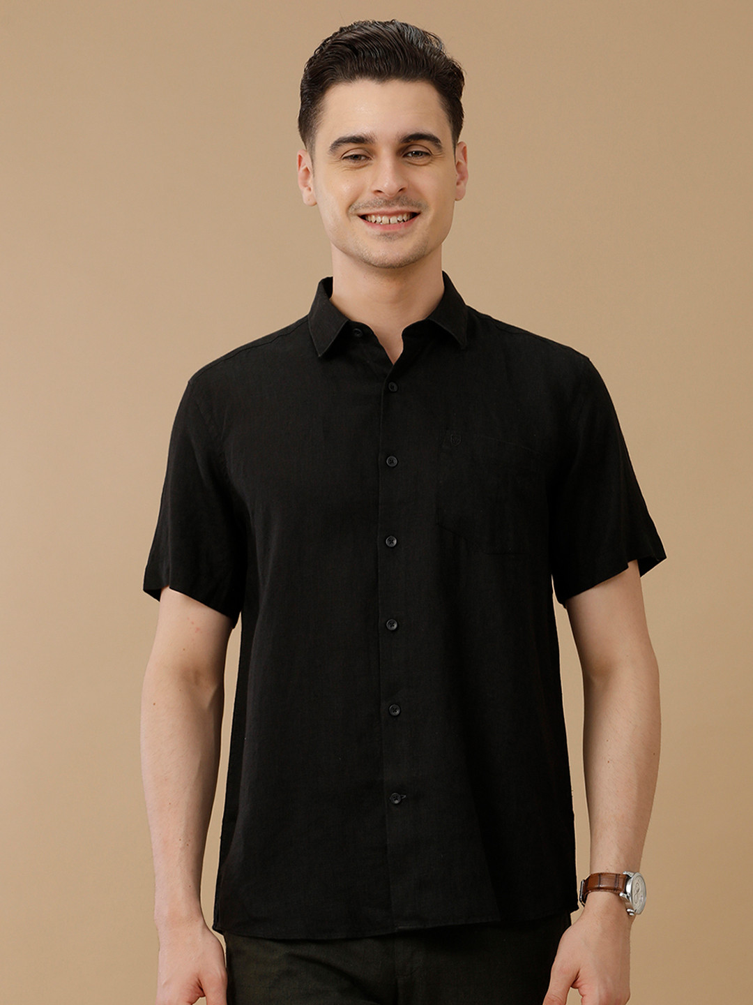 

Linen Club Men Contemporary Slim Fit Solid Opaque Linen Casual Shirt, Black
